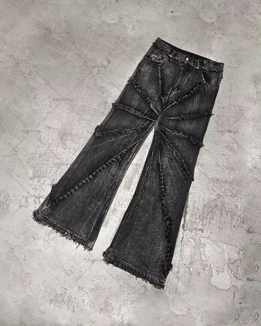 New Street Hip-Hop Raw Edge Washed High-Waisted Jeans Y2K Men Harajuku Retro High Street Oversized Straight Wide-Leg Pants Women