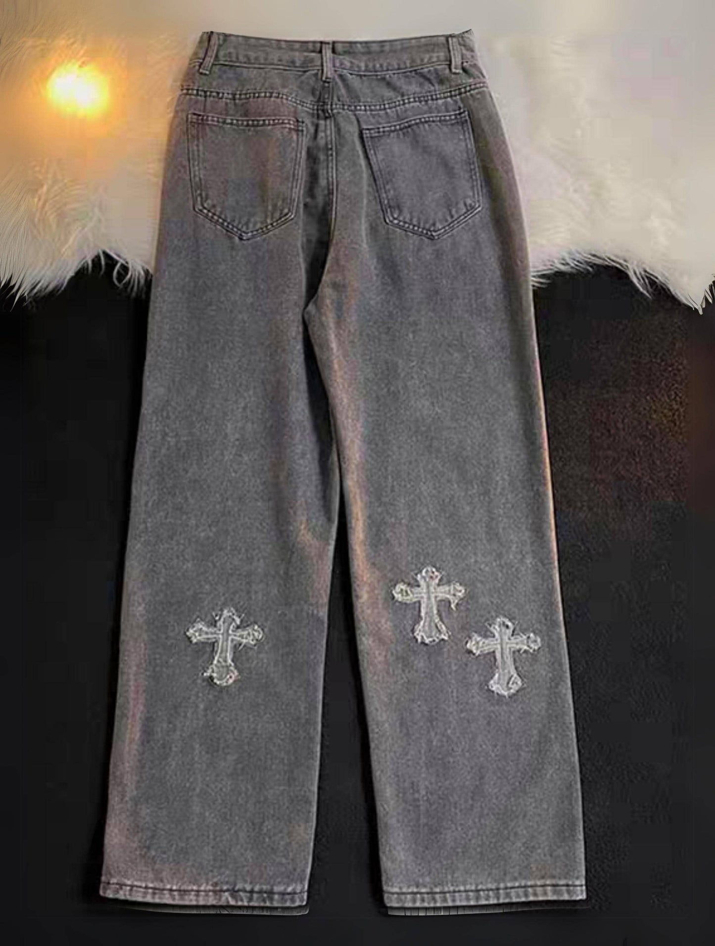 Y2K Blue/Black Baggy Cross Patch Embroidered Jeans Unisex Baggy Jeans with Patches 90S Fashion Pants