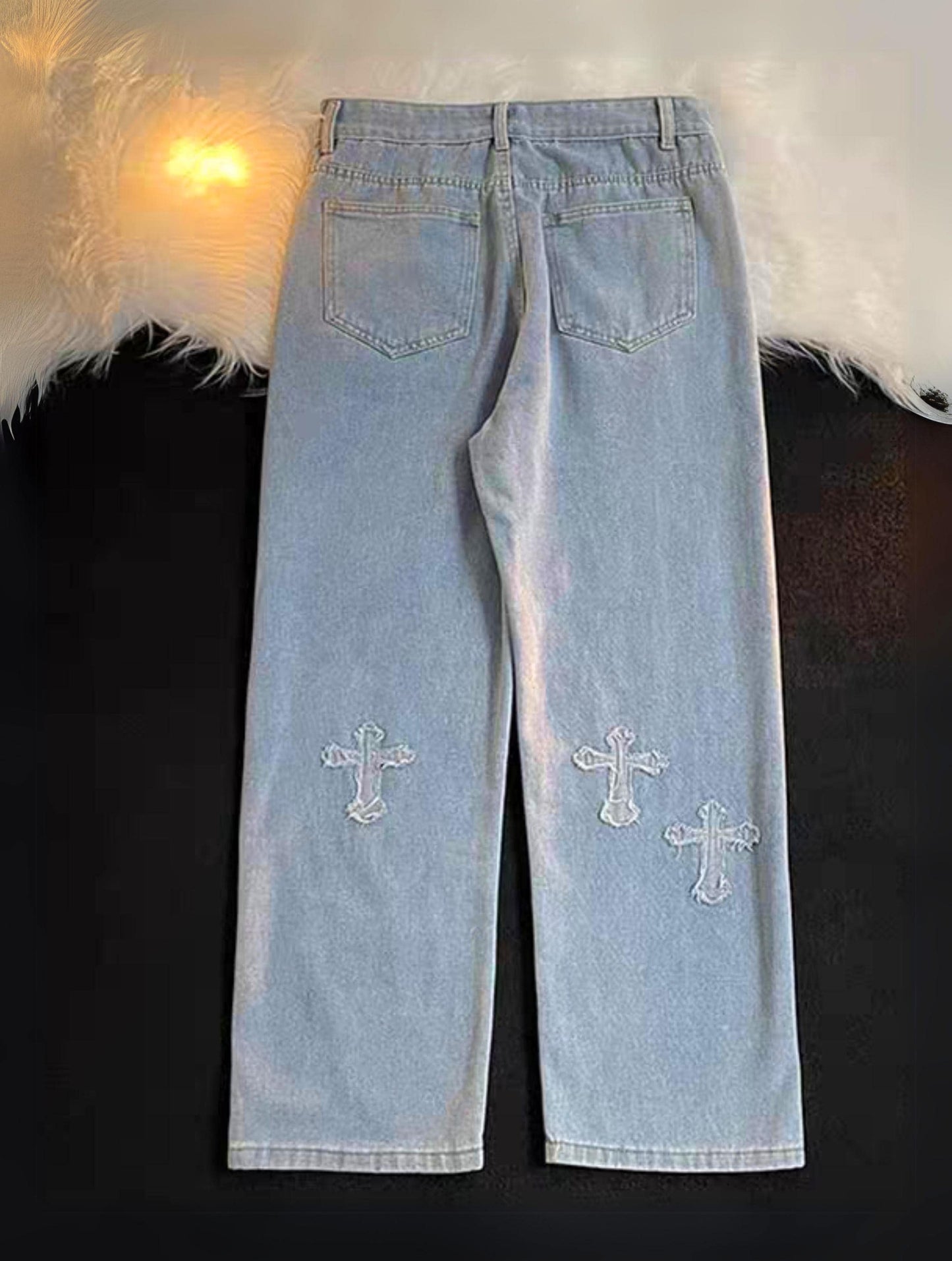 Y2K Blue/Black Baggy Cross Patch Embroidered Jeans Unisex Baggy Jeans with Patches 90S Fashion Pants