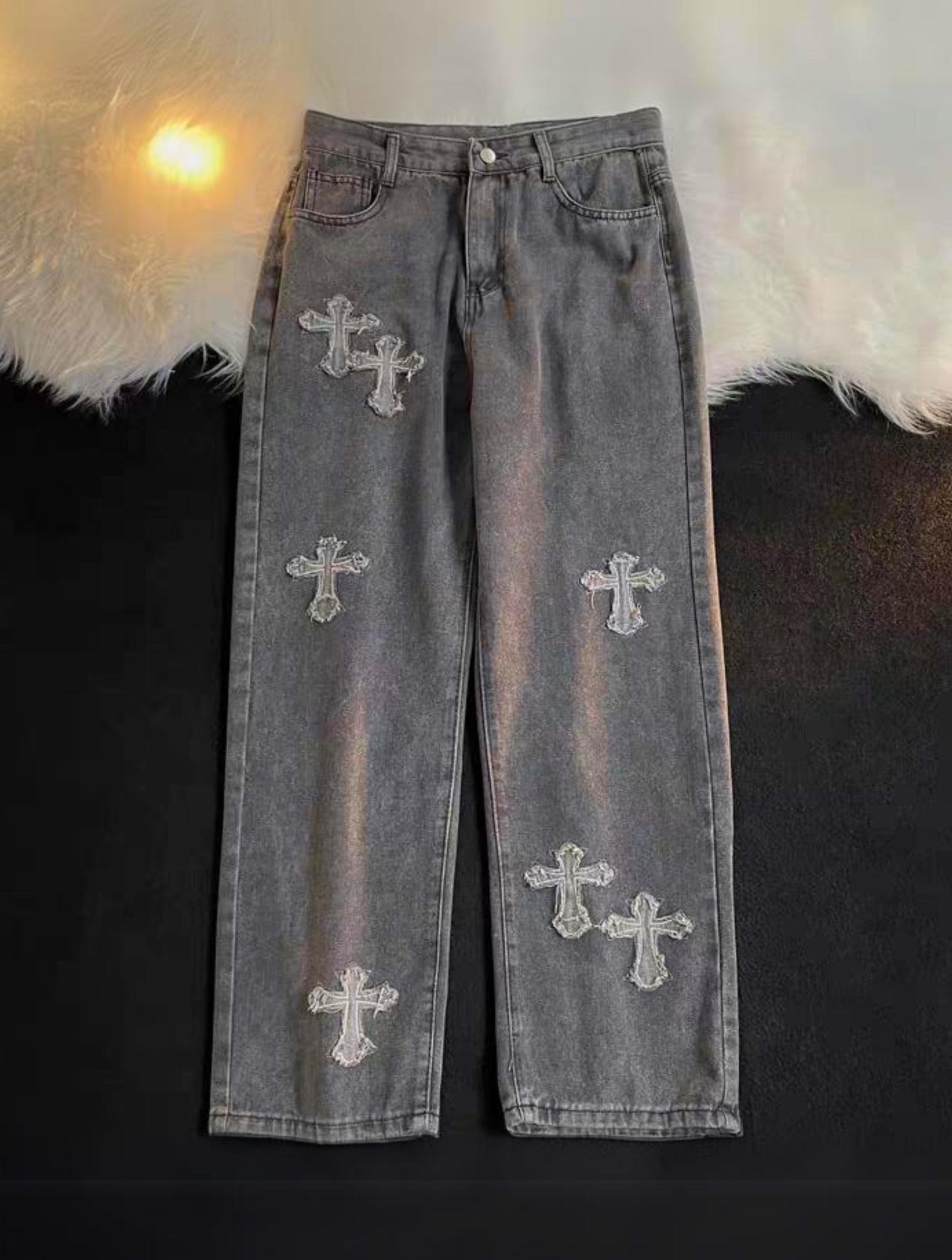 Y2K Blue/Black Baggy Cross Patch Embroidered Jeans Unisex Baggy Jeans with Patches 90S Fashion Pants