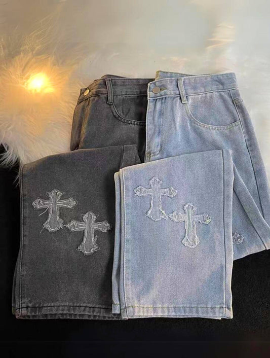 Y2K Blue/Black Baggy Cross Patch Embroidered Jeans Unisex Baggy Jeans with Patches 90S Fashion Pants